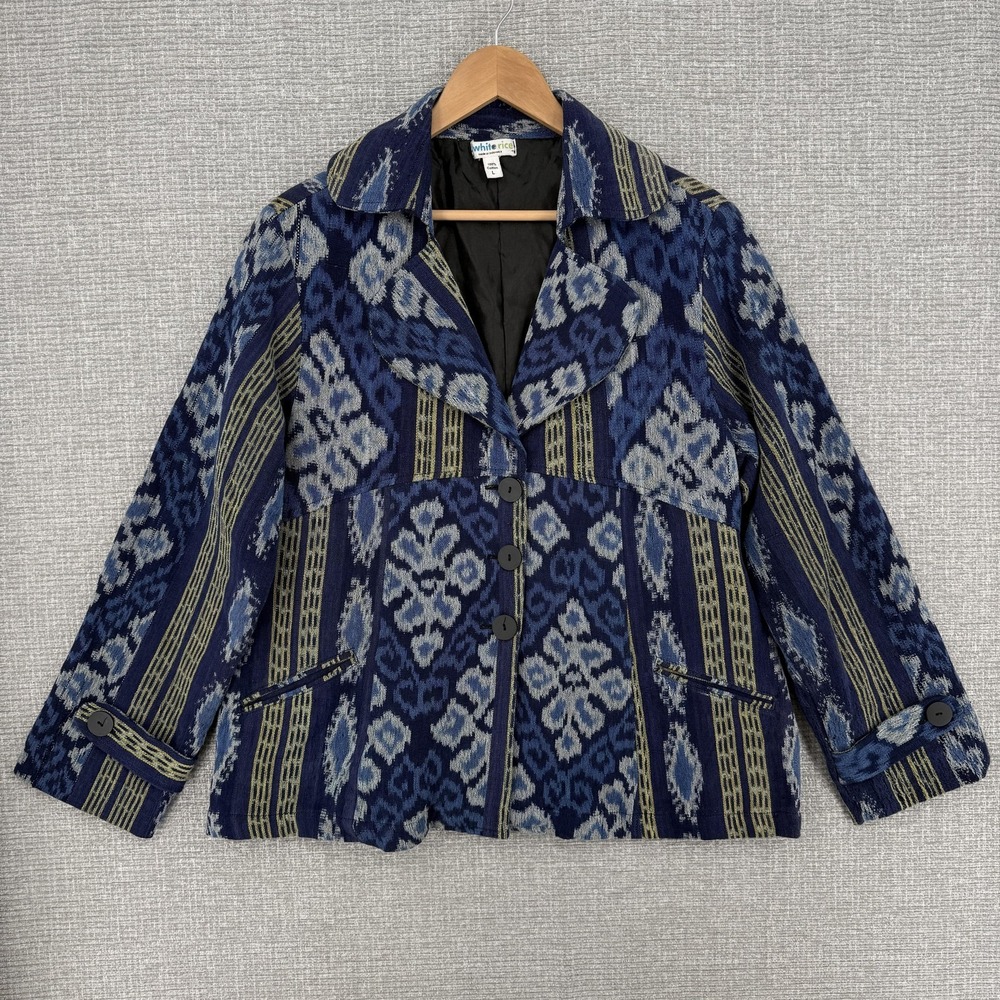 White Rice Jacket Womens L Blue Floral Tweed Collared Pocket Button Western Boho